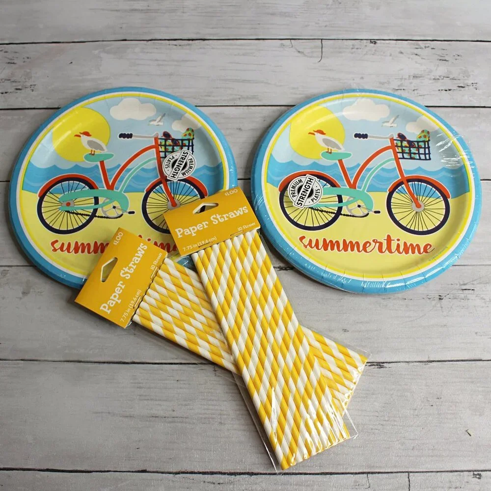 Bicycle Paper Plates Party Supplies Summer Time Birthday Picnic Beach Lot
